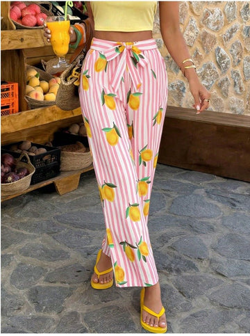 Allover Print Belted Wide Leg Pants Women's Casual Vacation Trousers - Edin London