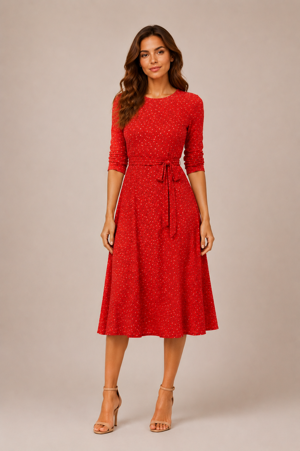 Woman's Floral Red Print Midi Dress with Tie Waist