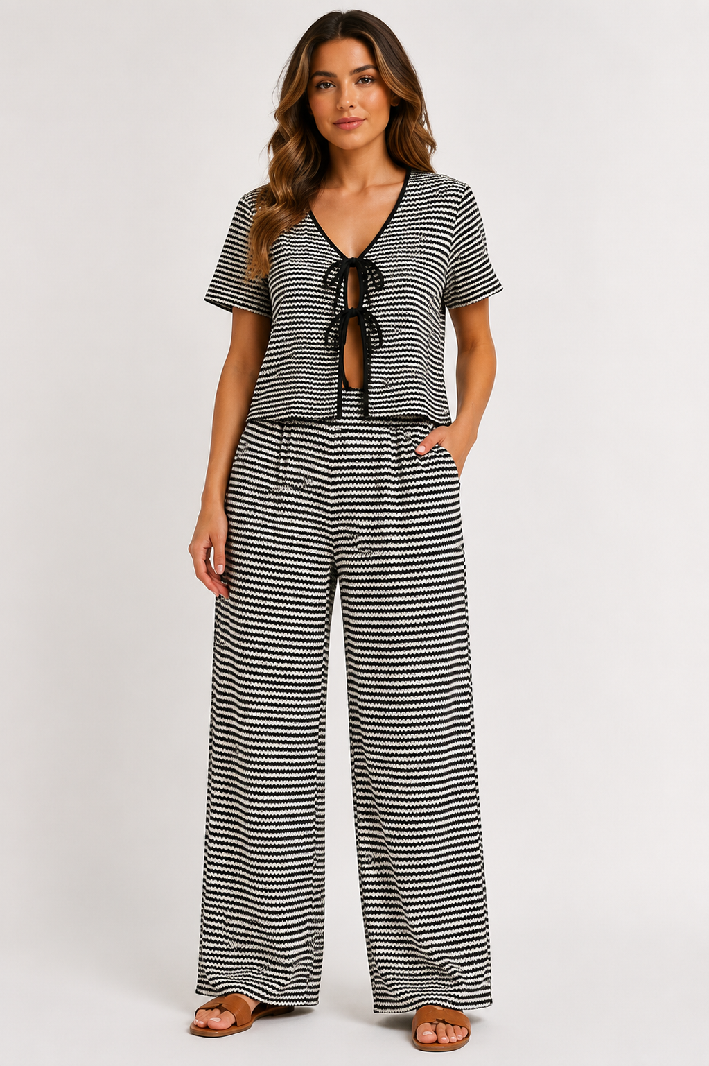 Women's Striped Tie Front Top & Wide Leg Pants Set Casual Holiday Two Piece Outfit