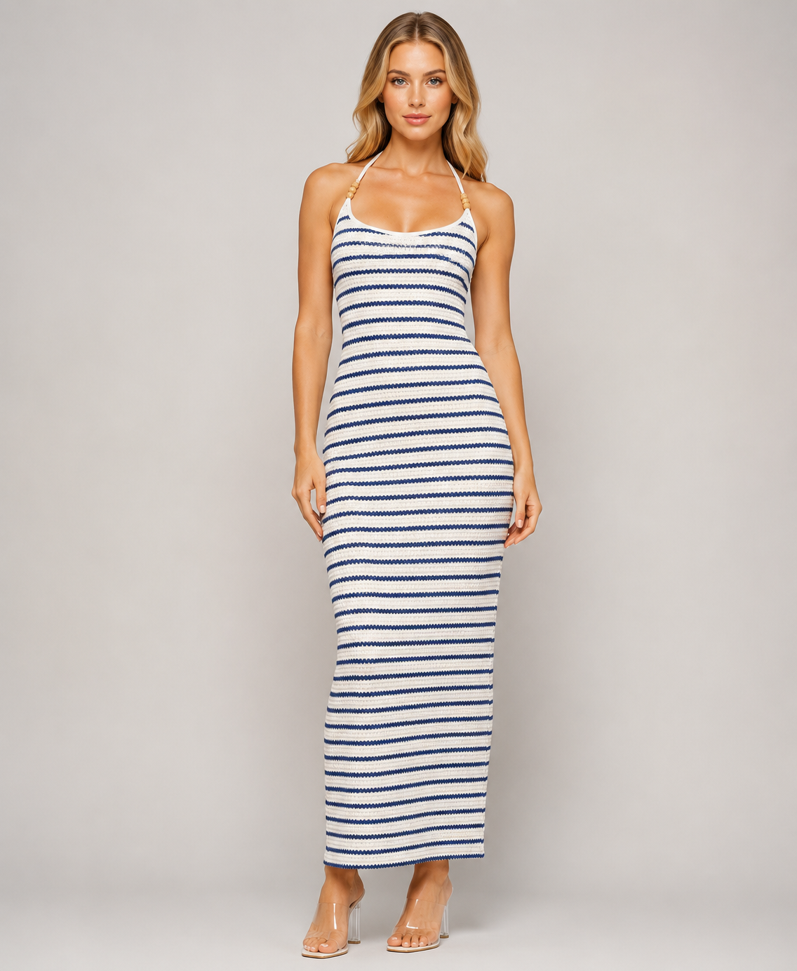 Womens Elegant Textured Jacquard Halter Tie Maxi Dress