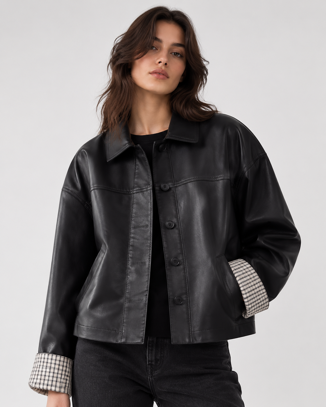 Women's Plaid Patchwork Jacket Oversized PU Leather Collar Button Up Casual Autumn Coat