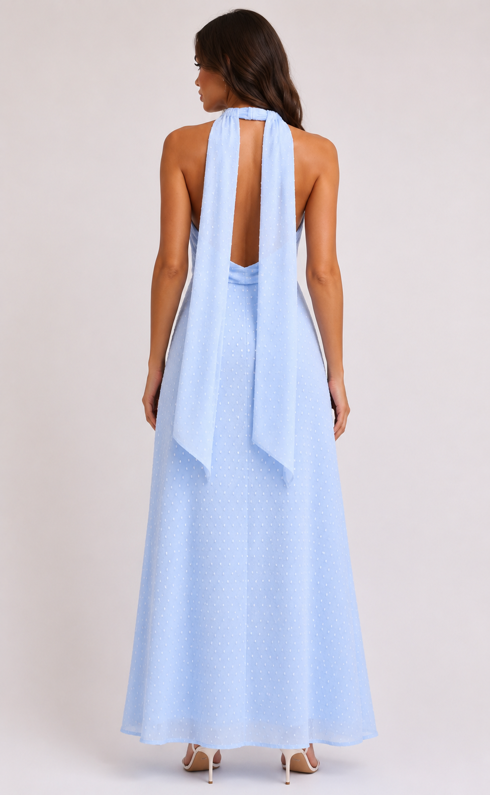 Women's Polka Dot Halter Maxi Dress Elegant Backless Tie Back Prom, Wedding Guest & Summer Occasion Dress