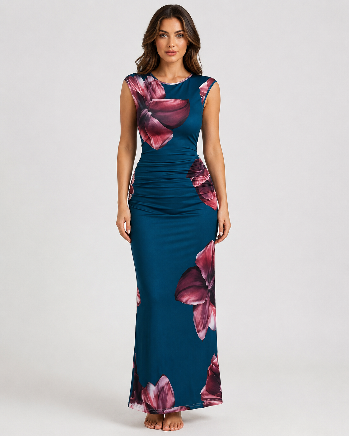 Women's Floral Print Sleeveless Maxi Dress – Elegant Round Neck Summer Holiday & Wedding Guest Dress