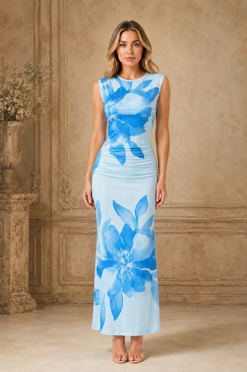 Women's Floral Print Sleeveless Maxi Dress – Elegant Round Neck Summer Holiday & Wedding Guest Dress