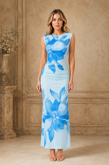Women's Floral Print Sleeveless Maxi Dress – Elegant Round Neck Summer Holiday & Wedding Guest Dress