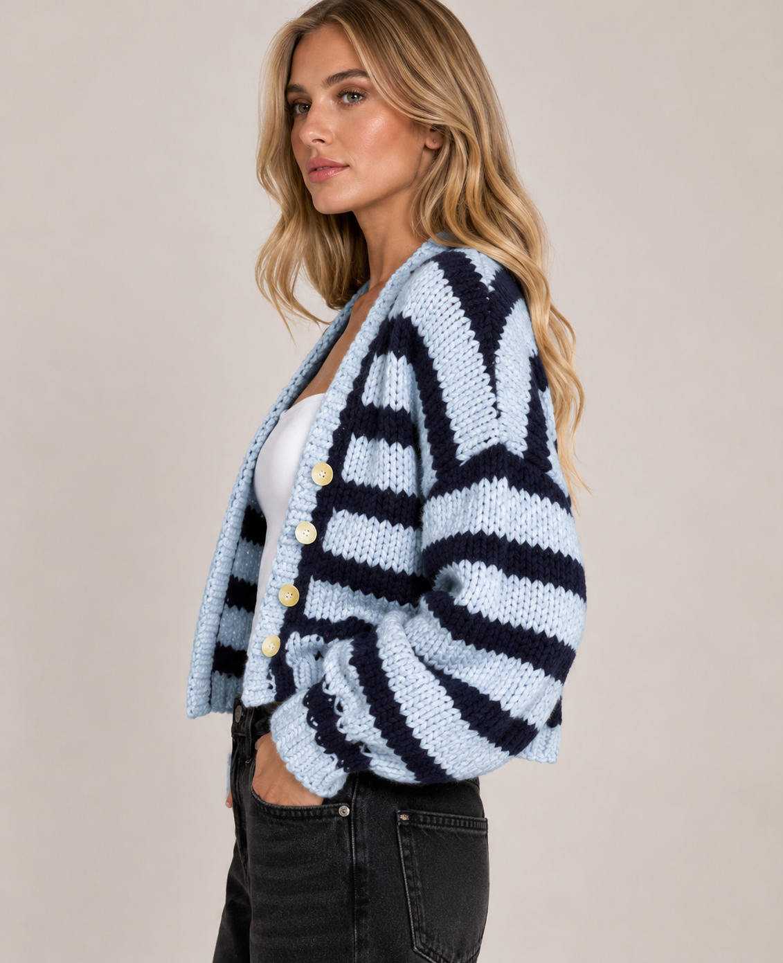 Women's Contrast Stripe V Neck Button Up Knit Cardigan Long Sleeve Casual Sweater for Spring, Autumn & Winter