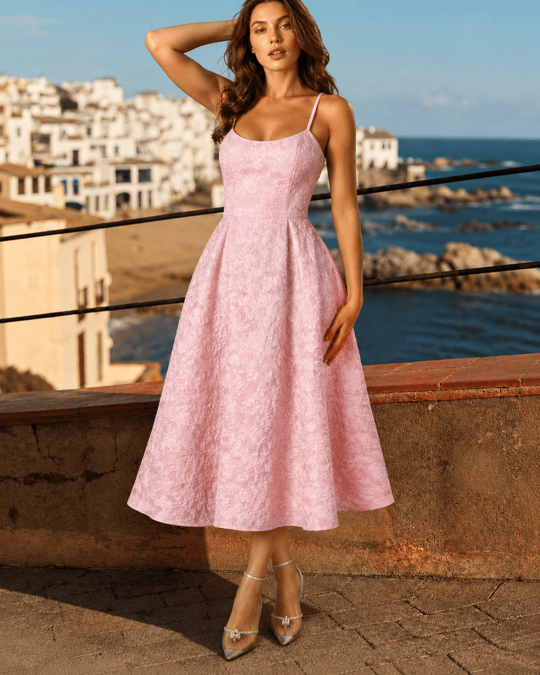 Blue Textured Midi Dress - Women's Elegant Sweetheart Neckline A-Line Summer Dress - Edin London