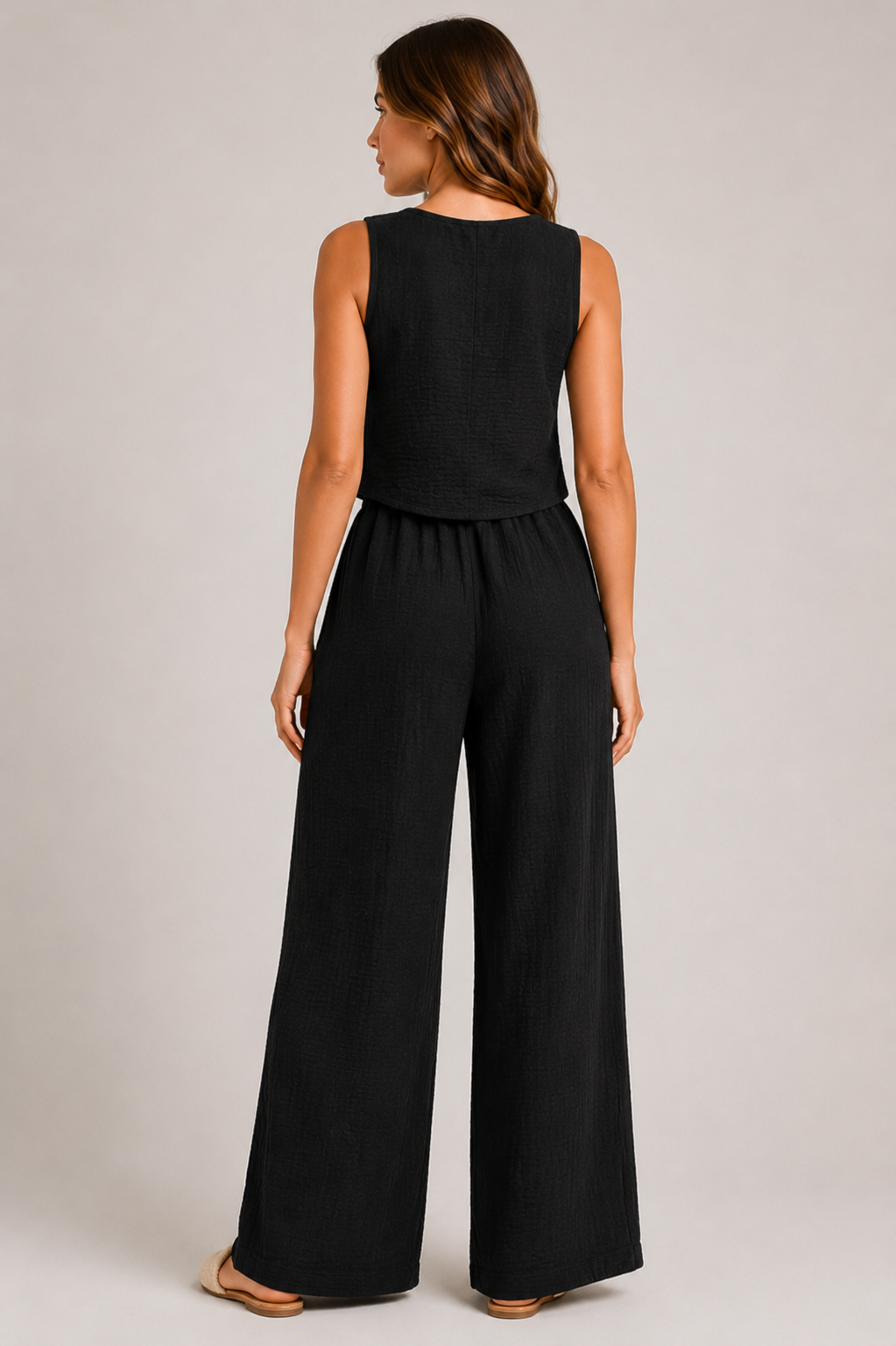 Women's Textured Button Camisole & Wide Leg Trousers Co-Ord Set Casual Two Piece Outfit
