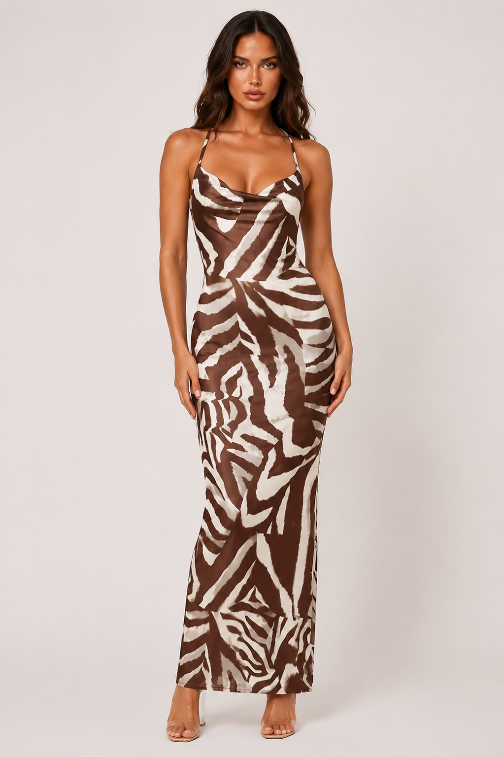 Edin Womens Elegant Zebra Print Plunging Neck Backless Maxi Dress