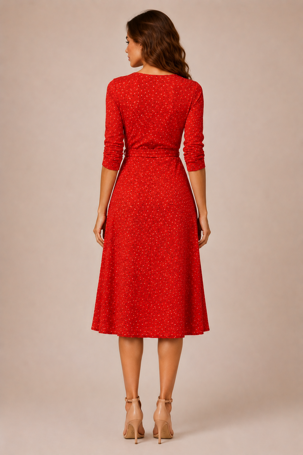Woman's Floral Red Print Midi Dress with Tie Waist