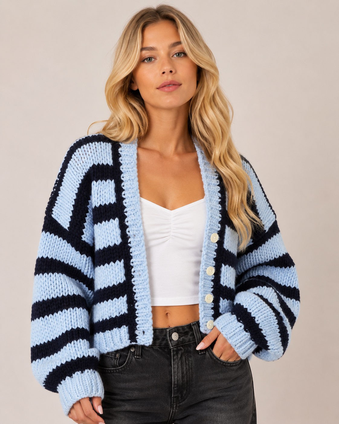 Women's Contrast Stripe V Neck Button Up Knit Cardigan Long Sleeve Casual Sweater for Spring, Autumn & Winter