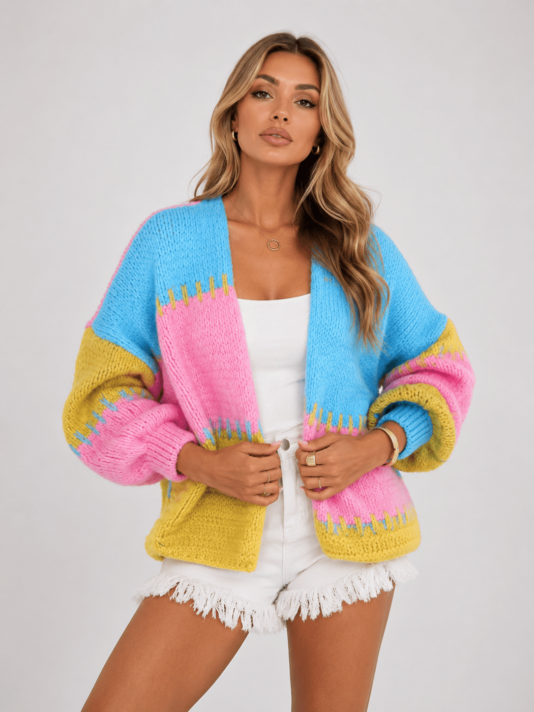 Color-Blocked Short Knitted Cardigan for Women Patchwork Design, Lazy Style Loose Sweater Jacket - Edin London