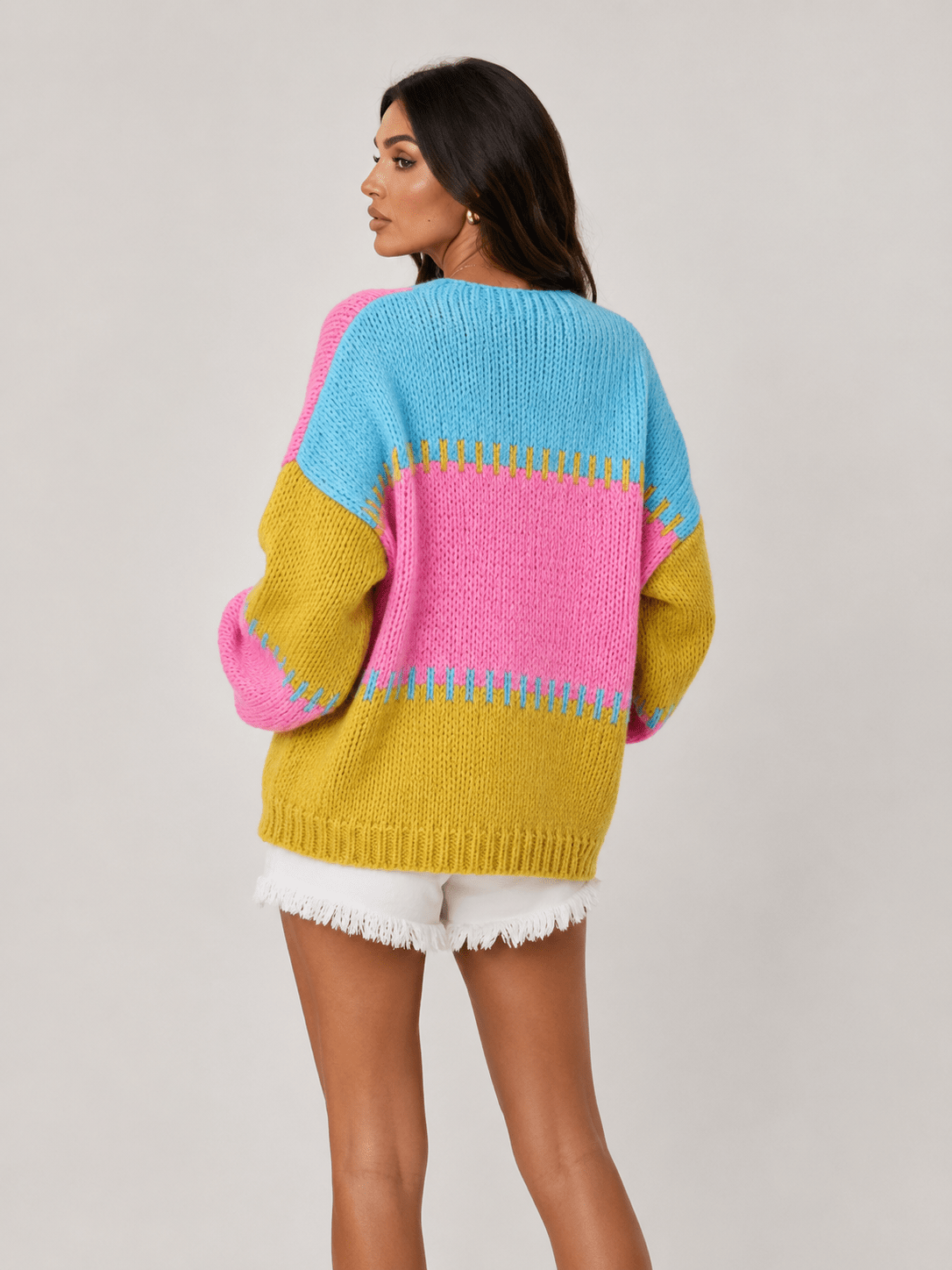 Color-Blocked Short Knitted Cardigan for Women Patchwork Design, Lazy Style Loose Sweater Jacket - Edin London