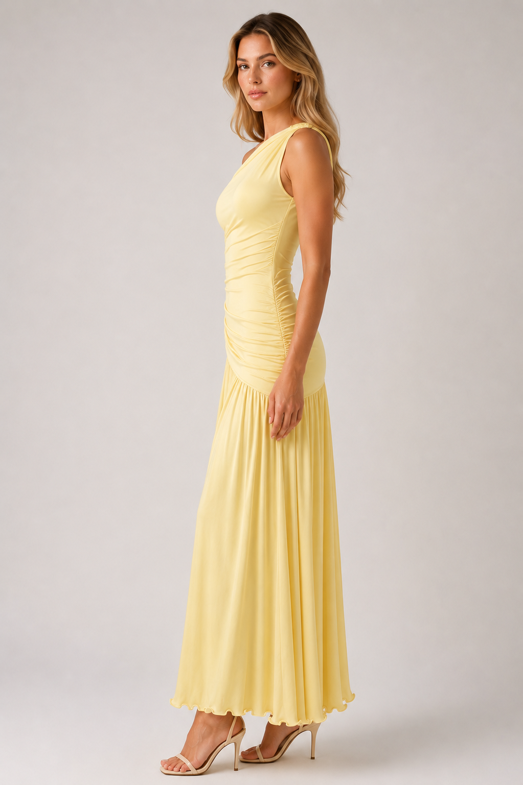 Women's Elegant Asymmetrical Neck Ruched Maxi Dress Sleeveless Graduation, Birthday Party & Evening Occasion Dress