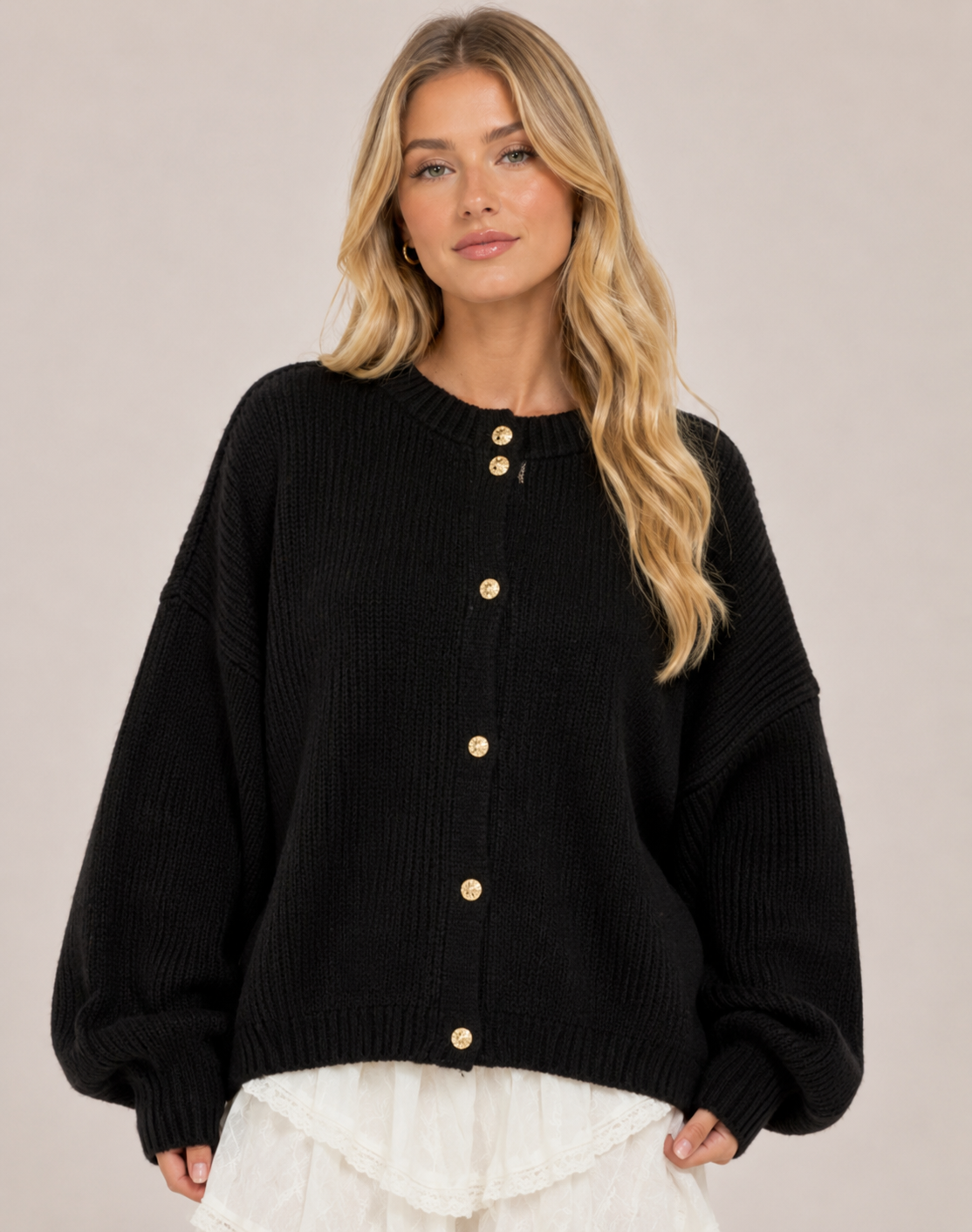 Women's Balloon Sleeve Button Up Knit Cardigan for Casual, Office, Travel & Autumn Winter Layering