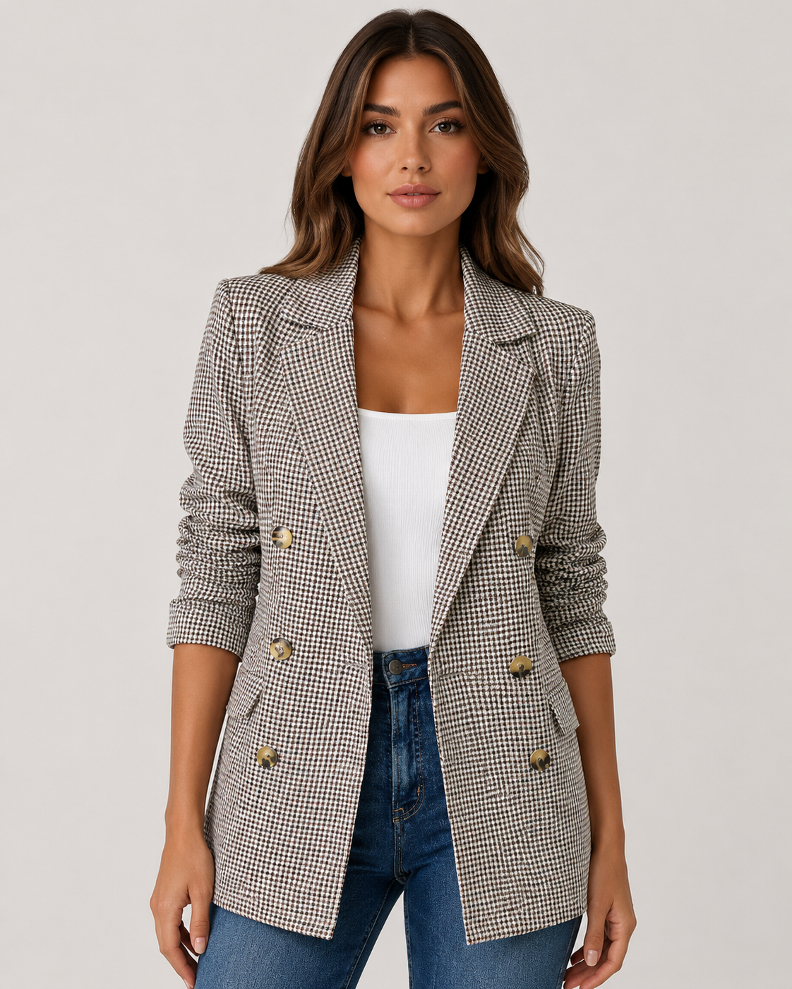 Women's Oversized Plaid Double Breasted Blazer Classic Long Sleeve Business Casual Jacket