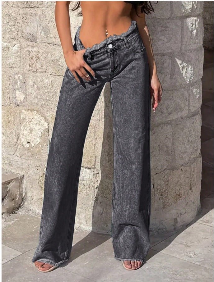 Distressed Wide Leg Straight Jeans Women's Frayed Waist Casual Denim - Edin London