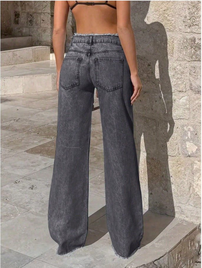 Distressed Wide Leg Straight Jeans Women's Frayed Waist Casual Denim - Edin London