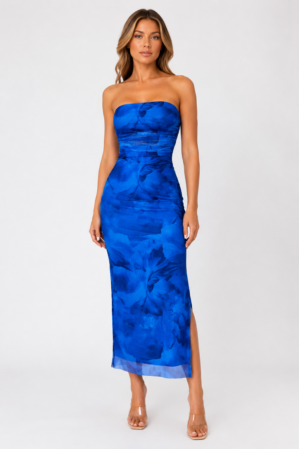 Women's Elegant Floral Mesh Ruched Bodycon Maxi Lightweight Party Summer Dress