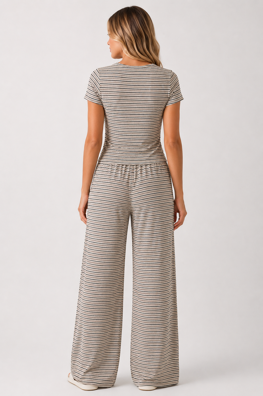 Women's Striped Button Front Top & Wide Leg Trousers Co-Ord Set Casual Lounge Two Piece Outfit