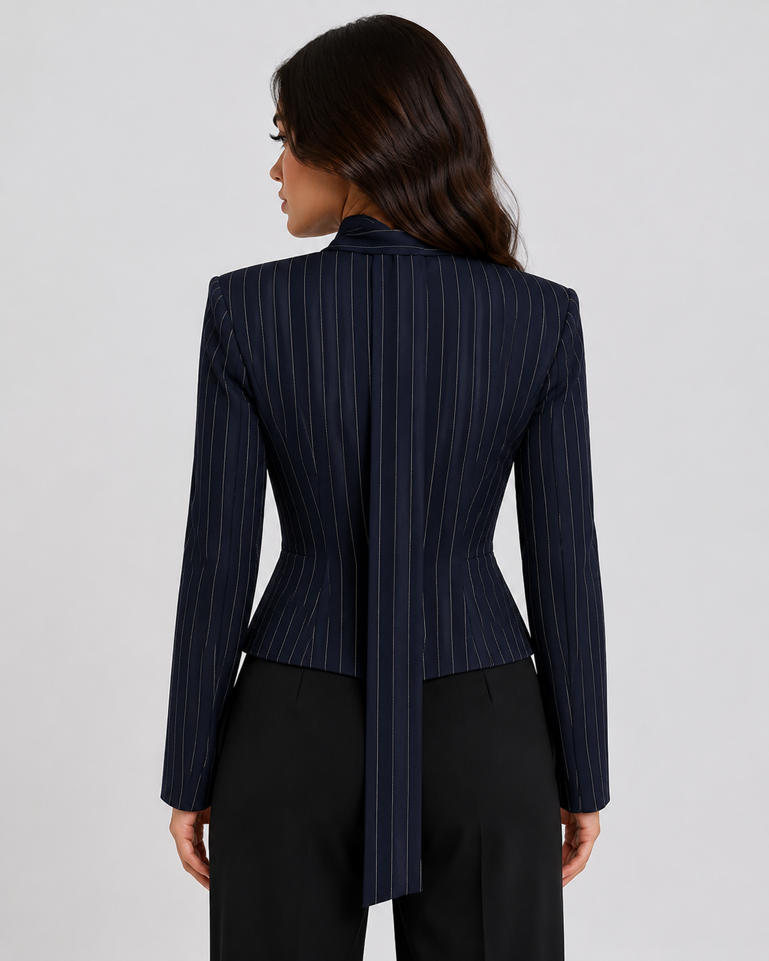 Women's Striped Tie Neck Blazer Elegant V-Neck Long Sleeve Office & Smart Casual Jacket