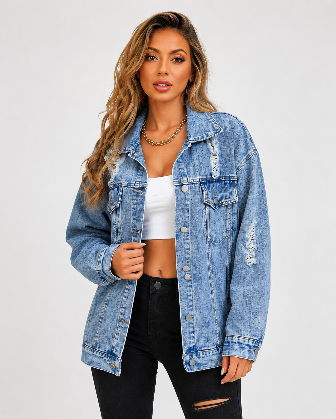 Women's Oversized Drop Shoulder Denim Jacket Casual Button Up Long Sleeve Jean Jacket with Flap Pockets