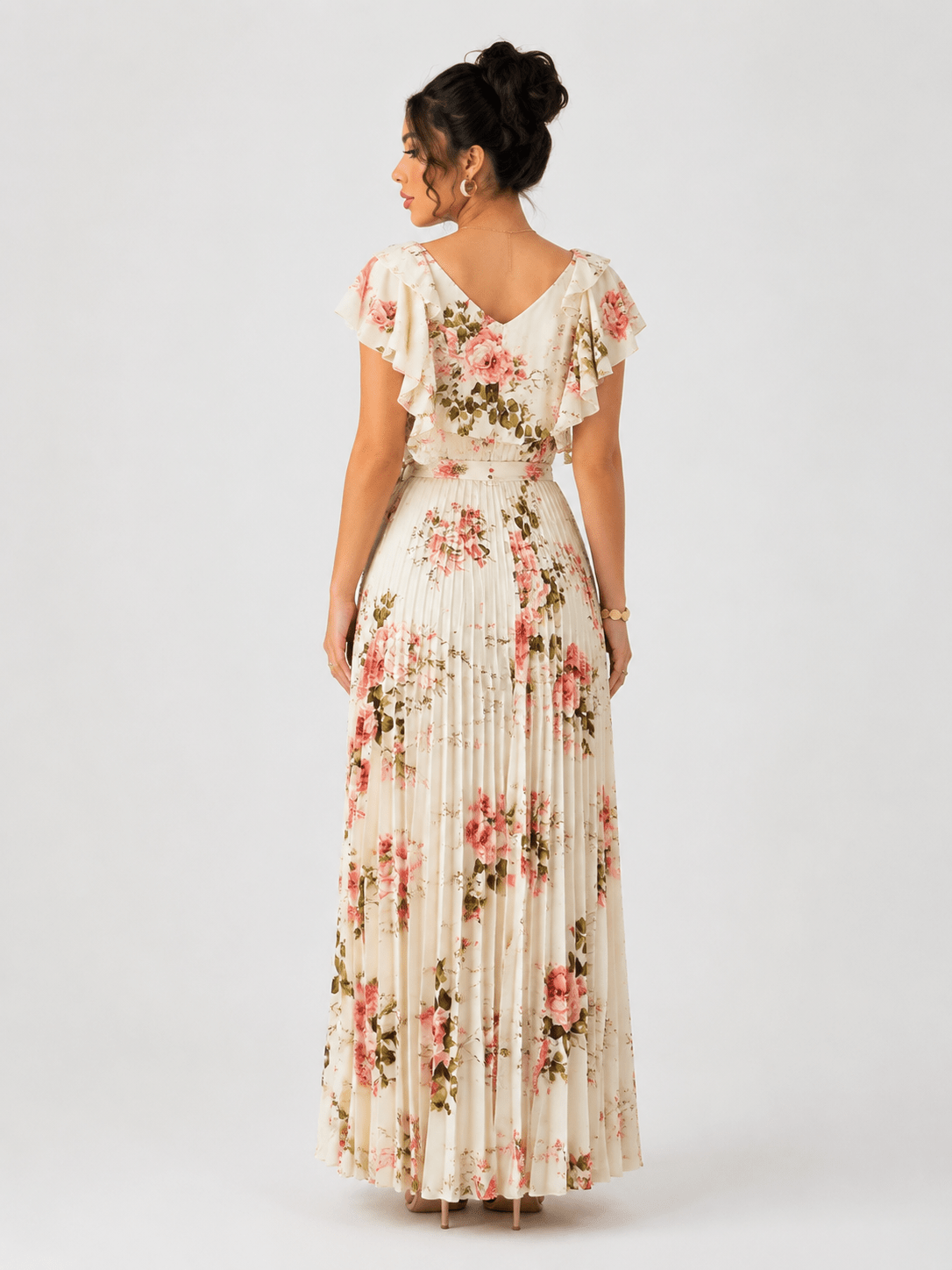 Elegant Floral Print Deep V-Neck Pleated Maxi Dress - Edin London