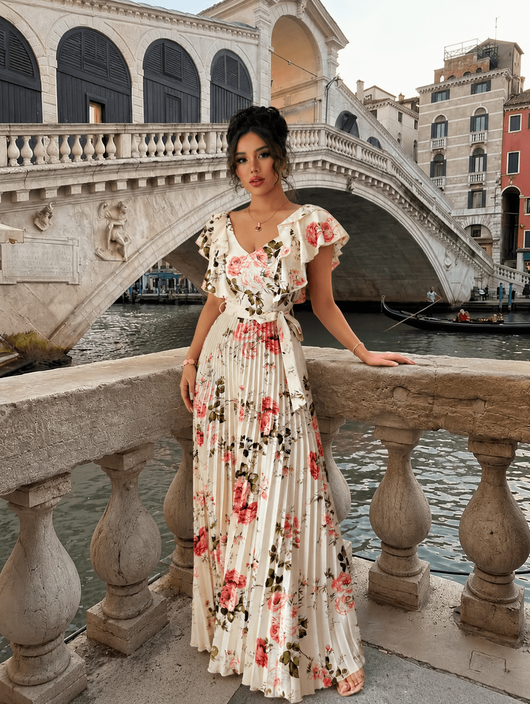 Elegant Floral Print Deep V-Neck Pleated Maxi Dress - Edin London