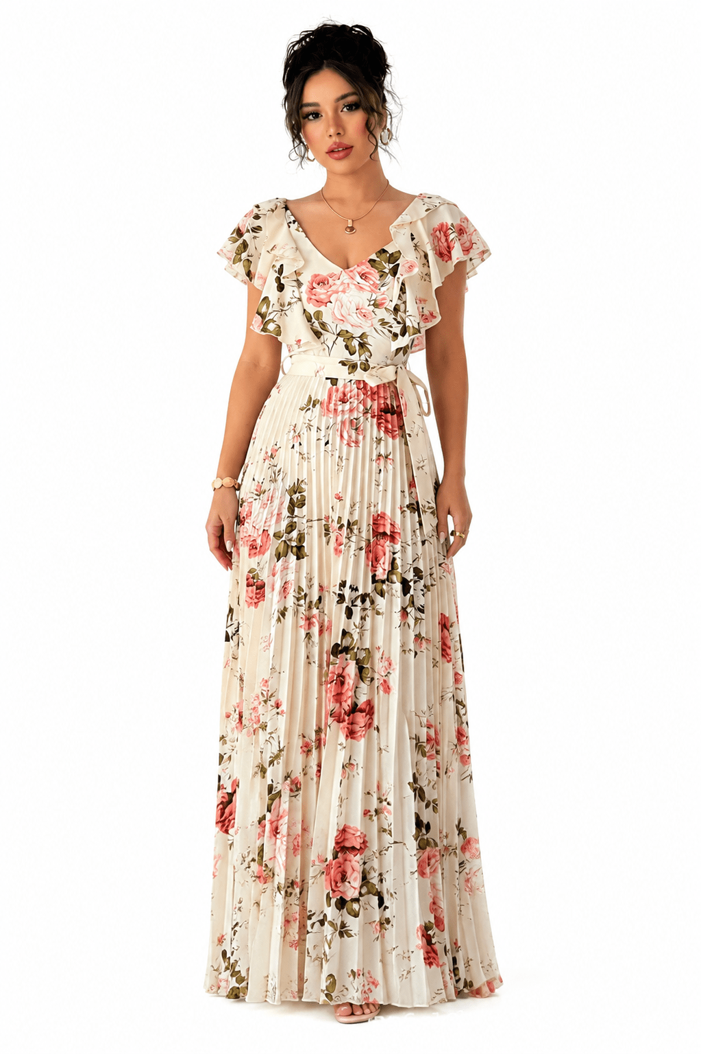 Elegant Floral Print Deep V-Neck Pleated Maxi Dress - Edin London