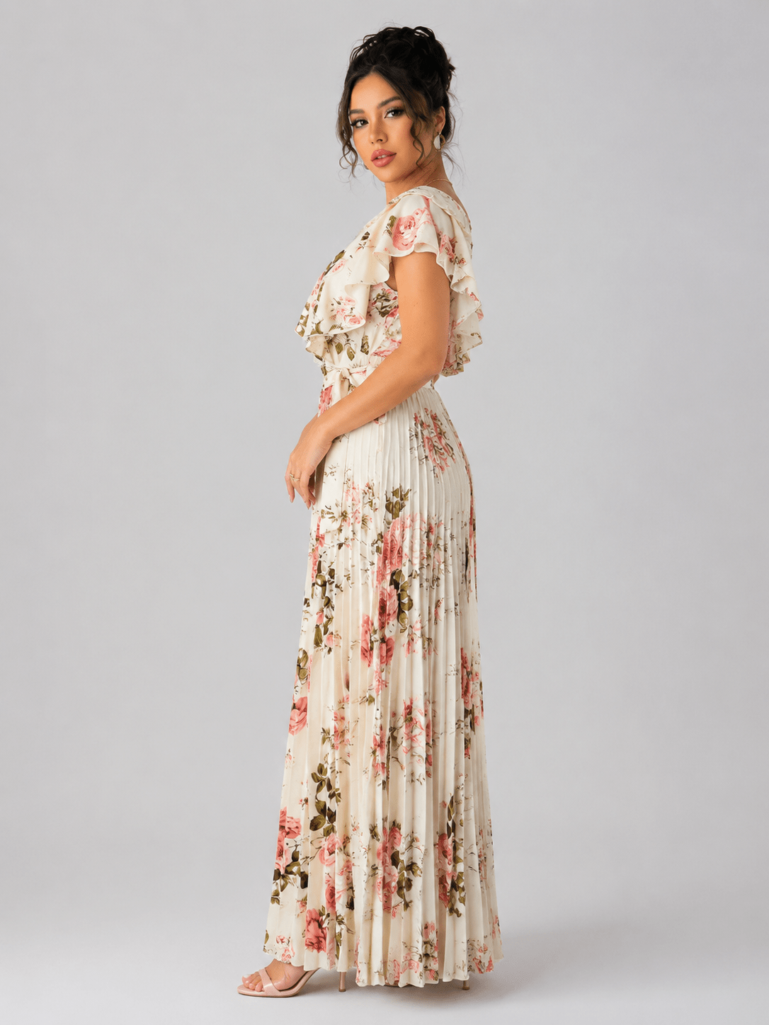 Elegant Floral Print Deep V-Neck Pleated Maxi Dress - Edin London
