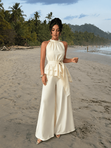 Elegant Sleeveless Halter Wide-Leg Pants Set - Edin London