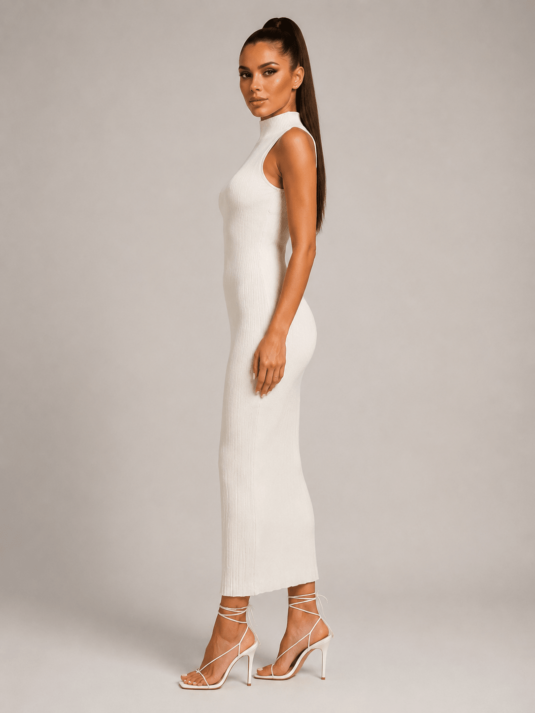 European & American Knitted High Neck Sleeveless Bodycon - Edin London
