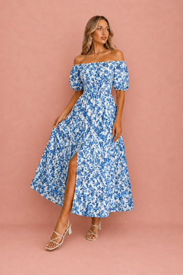 Women's Blue Floral Midi Dress – Summer Puff Sleeve Square Neck Smocked Waist Dress with Side Slit