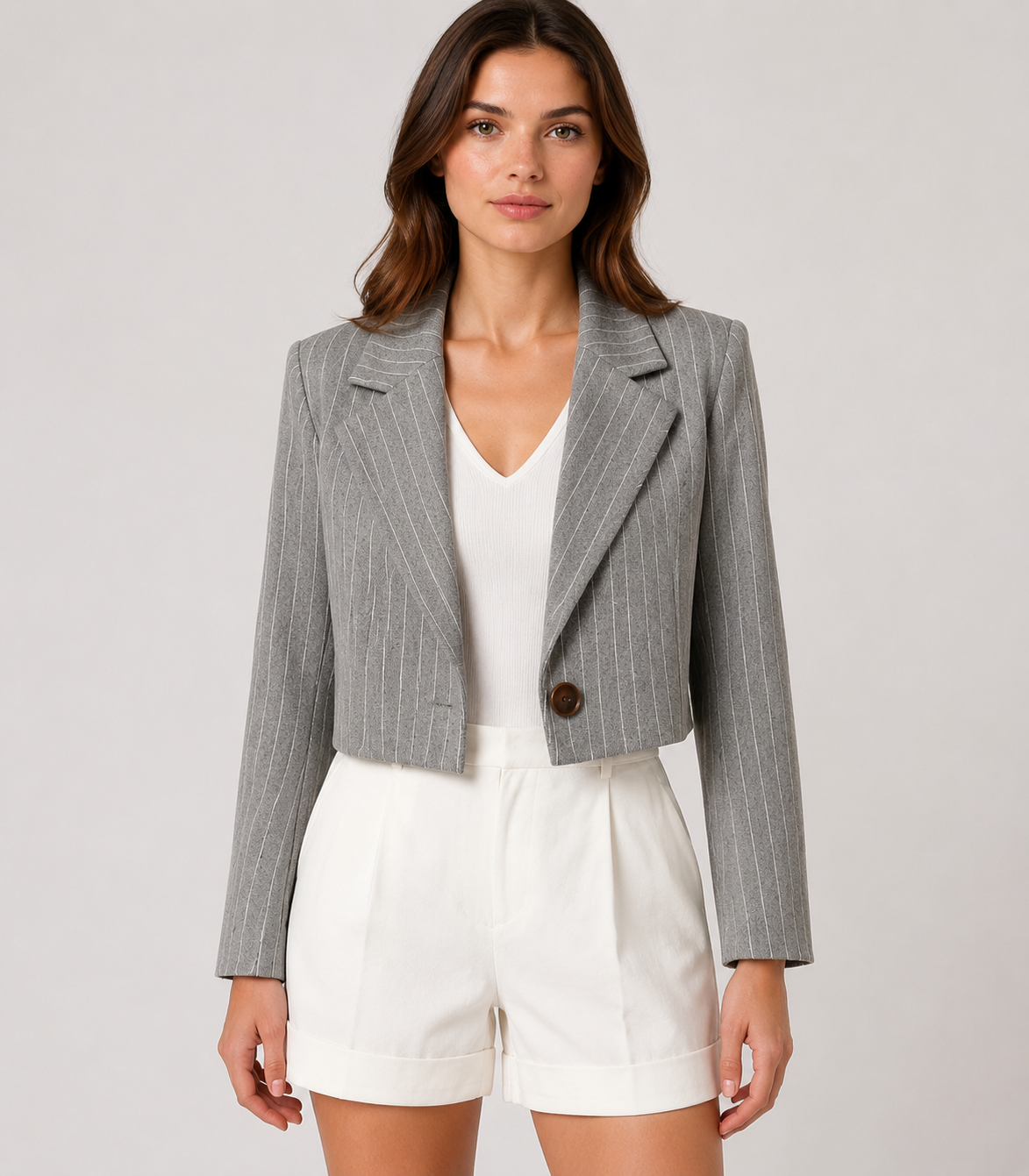 Women's Cropped Striped Blazer Chic Office Casual Long Sleeve Tailored Jacket