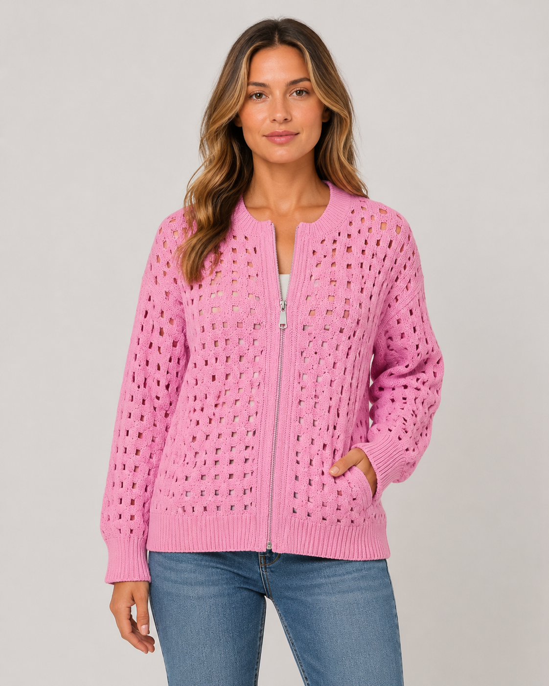 Woman's Stunning Hollow Knit Zip Cardigan