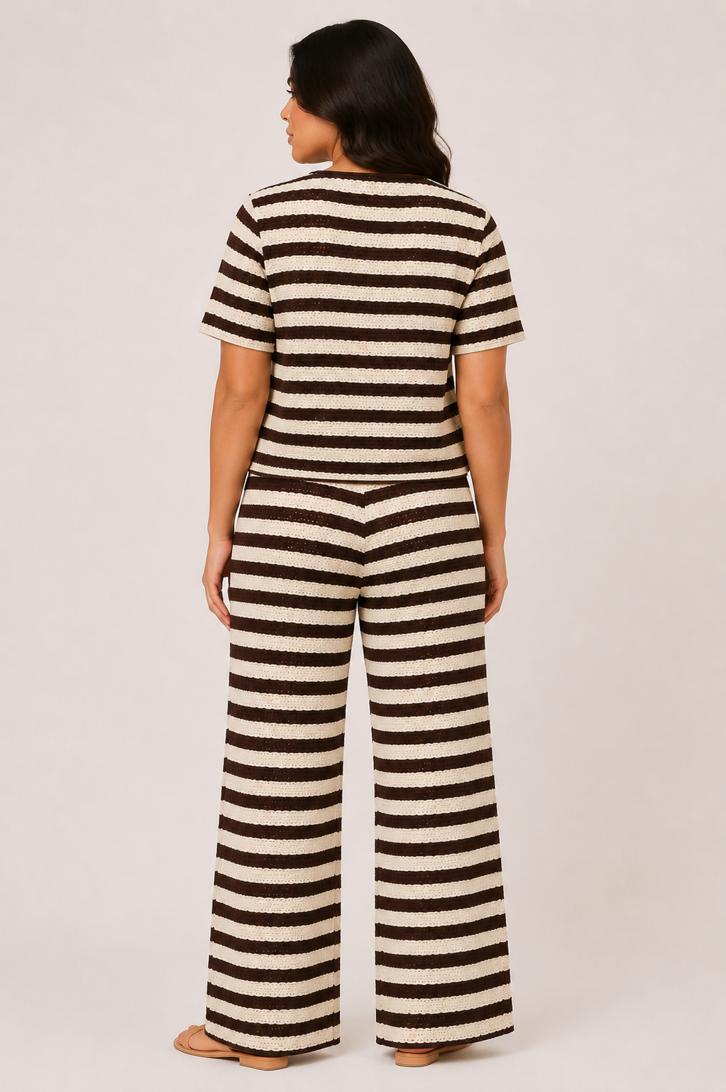 Women's Striped Tie Front Top & Wide Leg Pants Set Casual Holiday Two Piece Outfit