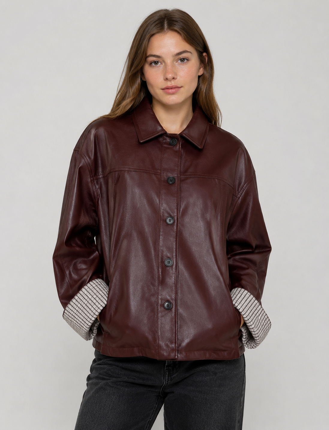 Women's Plaid Patchwork Jacket Oversized PU Leather Collar Button Up Casual Autumn Coat