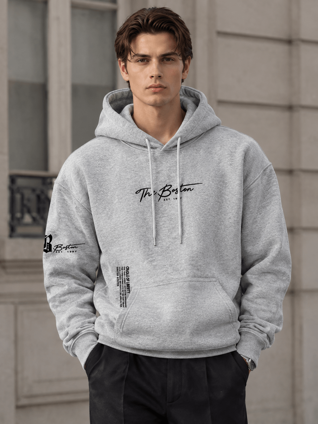 Grey Boston Graphic Pullover Hoodie for Men - Edin London