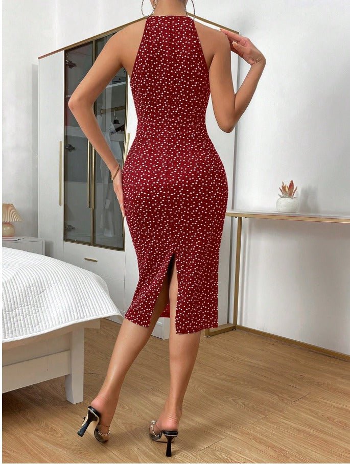 Heart Print Halter Neck Cami Bodycon Dress Women's Fitted Midi Dress - Edin London