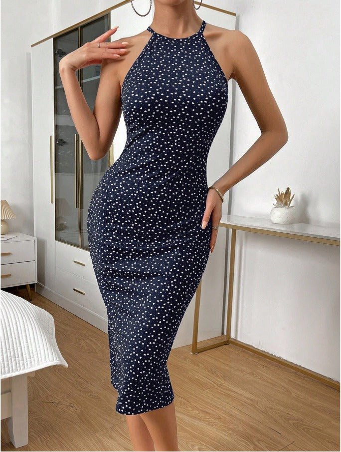 Heart Print Halter Neck Cami Bodycon Dress Women's Fitted Midi Dress - Edin London