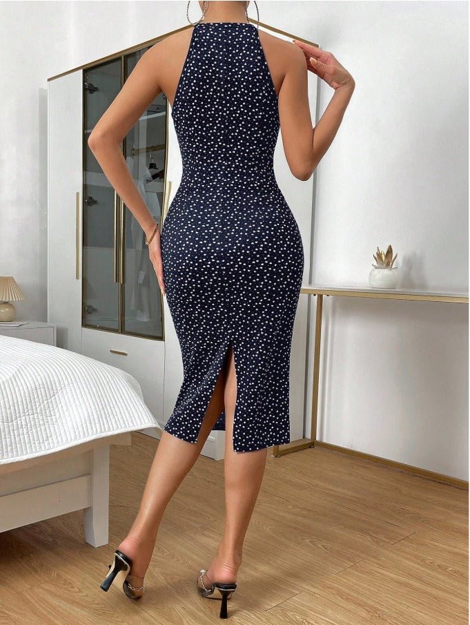 Heart Print Halter Neck Cami Bodycon Dress Women's Fitted Midi Dress - Edin London