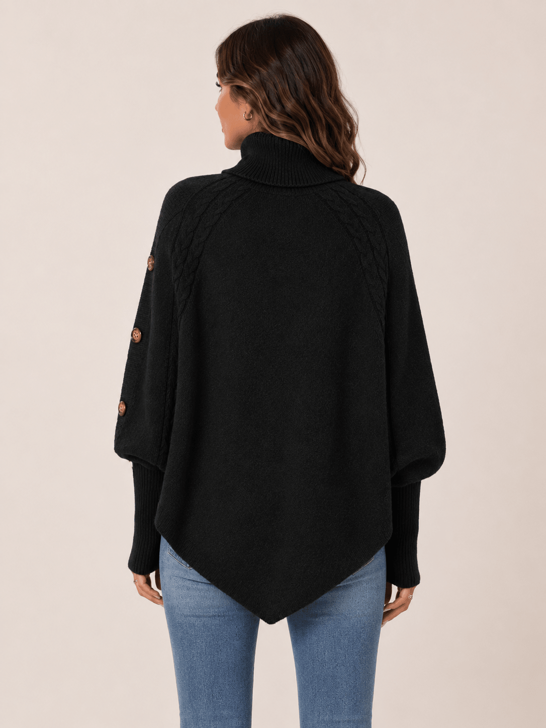 High-Neck Cable-Knit Cape Sweater with Batwing Sleeves, Irregular Hem Pullover, Loose Oversized Shawl Knit Top - Edin London