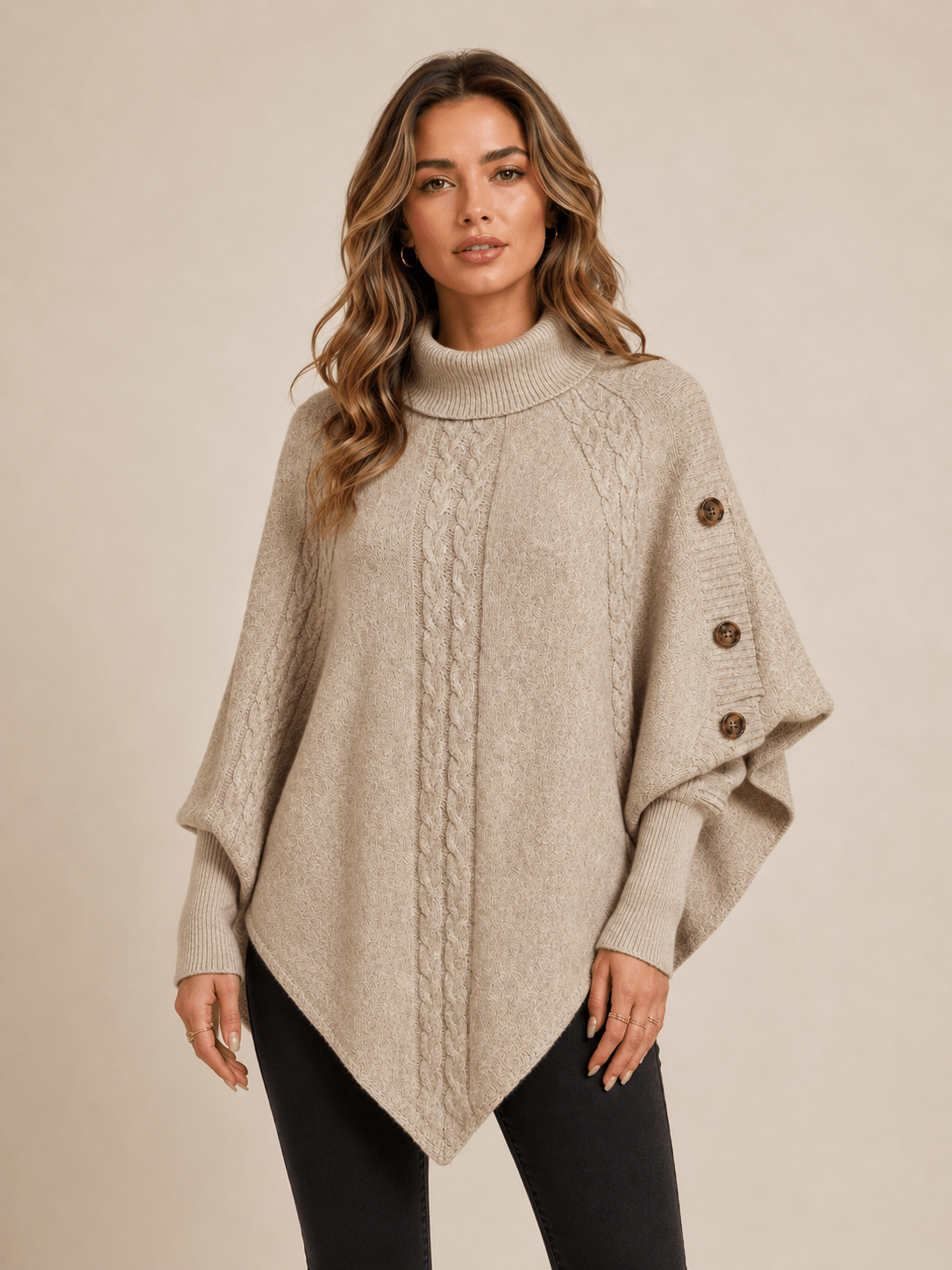 High-Neck Cable-Knit Cape Sweater with Batwing Sleeves, Irregular Hem Pullover, Loose Oversized Shawl Knit Top - Edin London