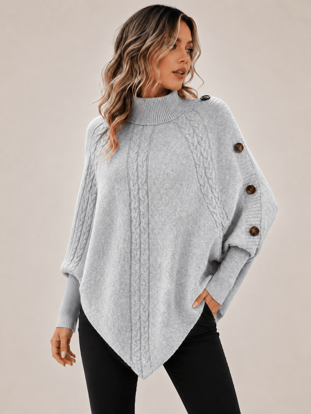 High-Neck Cable-Knit Cape Sweater with Batwing Sleeves, Irregular Hem Pullover, Loose Oversized Shawl Knit Top - Edin London