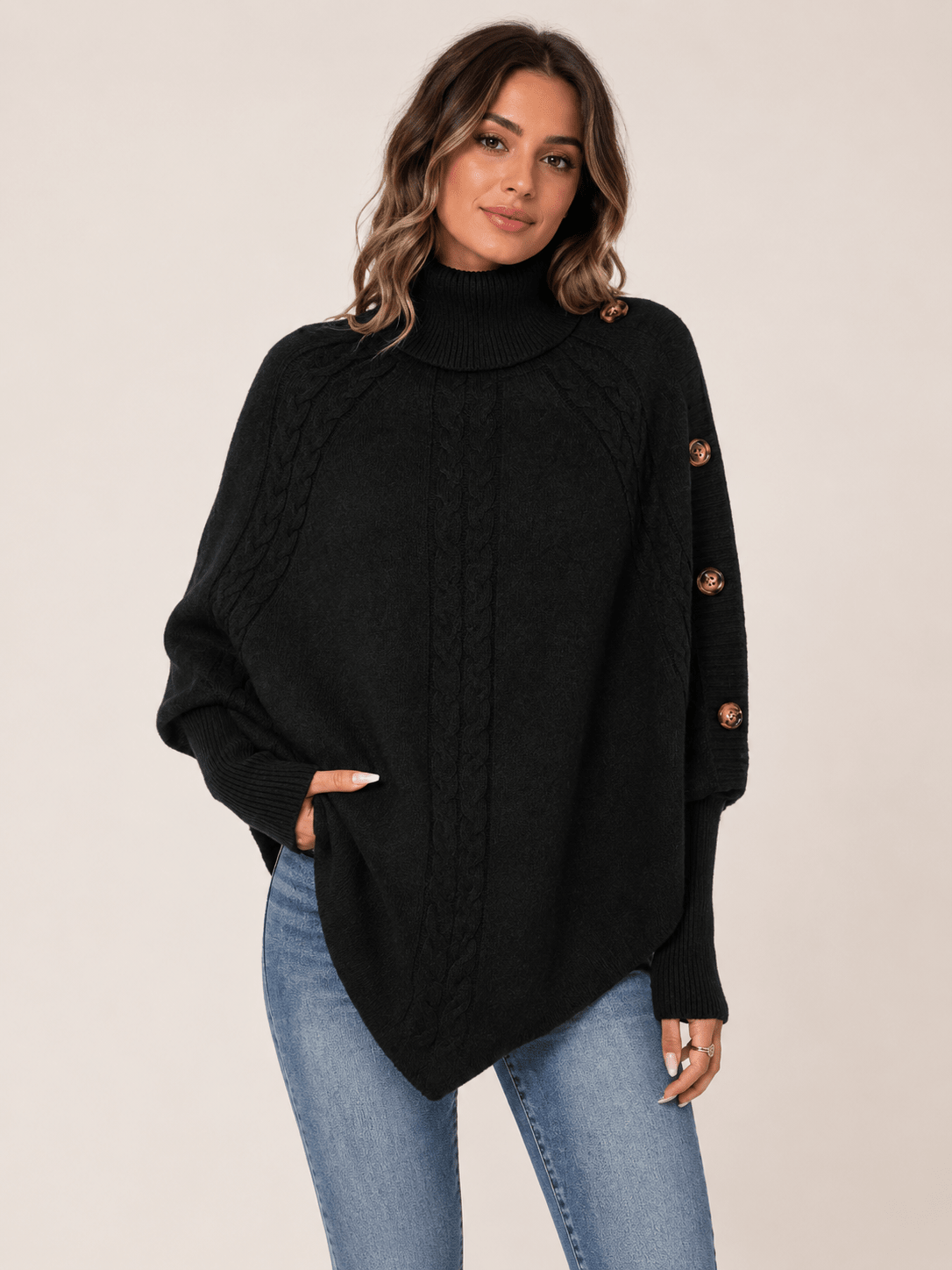 High-Neck Cable-Knit Cape Sweater with Batwing Sleeves, Irregular Hem Pullover, Loose Oversized Shawl Knit Top - Edin London