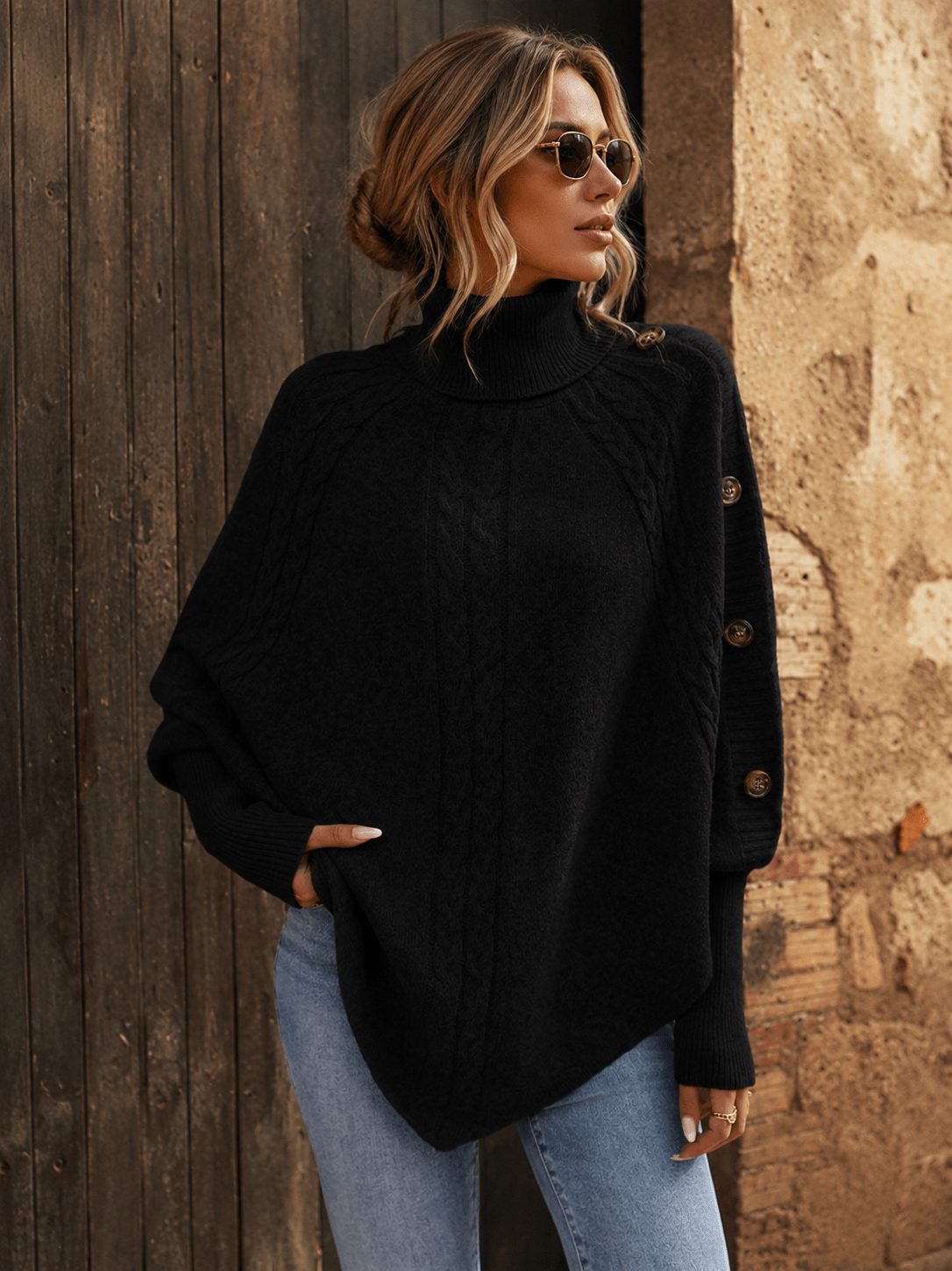High-Neck Cable-Knit Cape Sweater with Batwing Sleeves, Irregular Hem Pullover, Loose Oversized Shawl Knit Top - Edin London