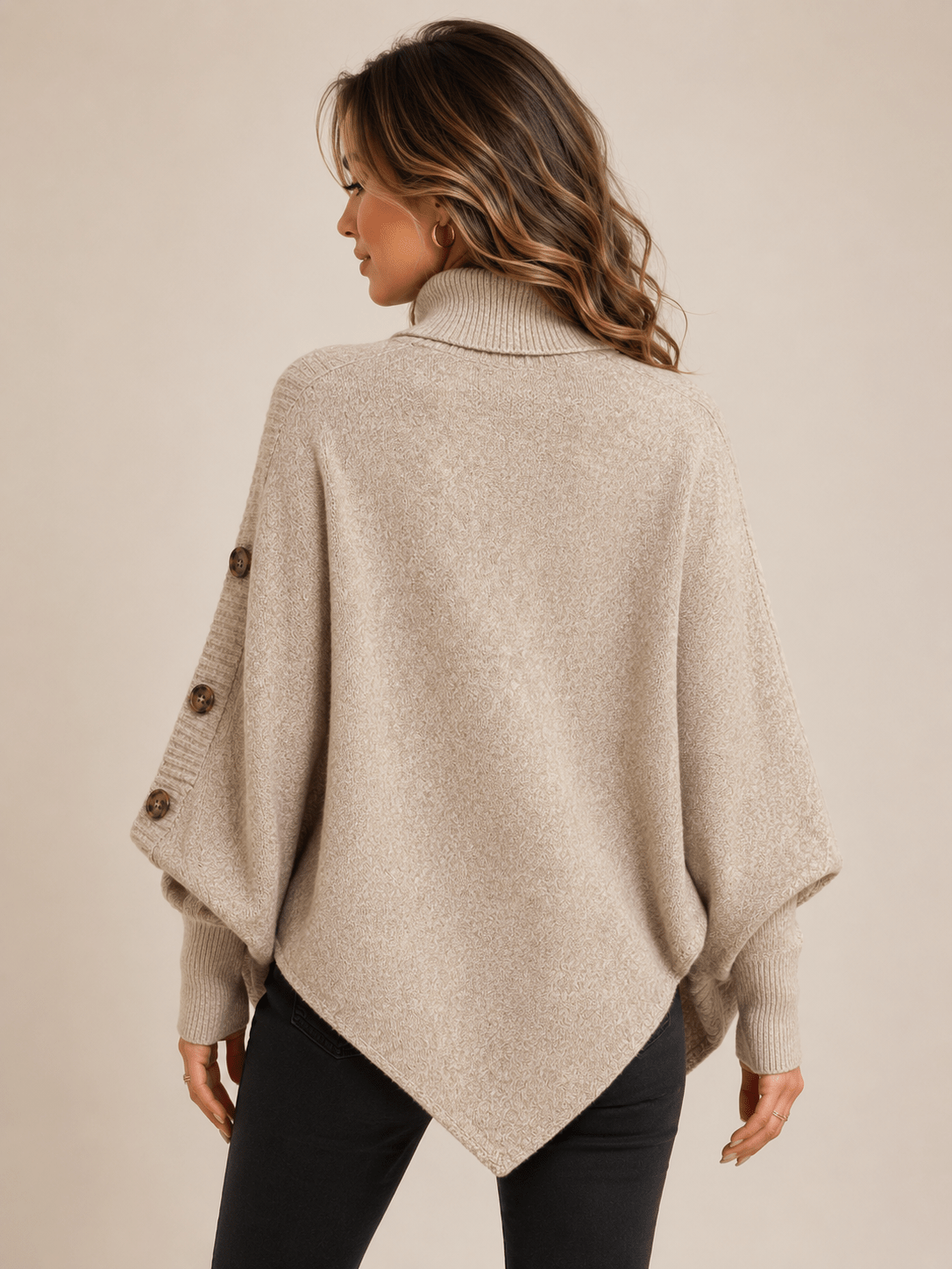 High-Neck Cable-Knit Cape Sweater with Batwing Sleeves, Irregular Hem Pullover, Loose Oversized Shawl Knit Top - Edin London