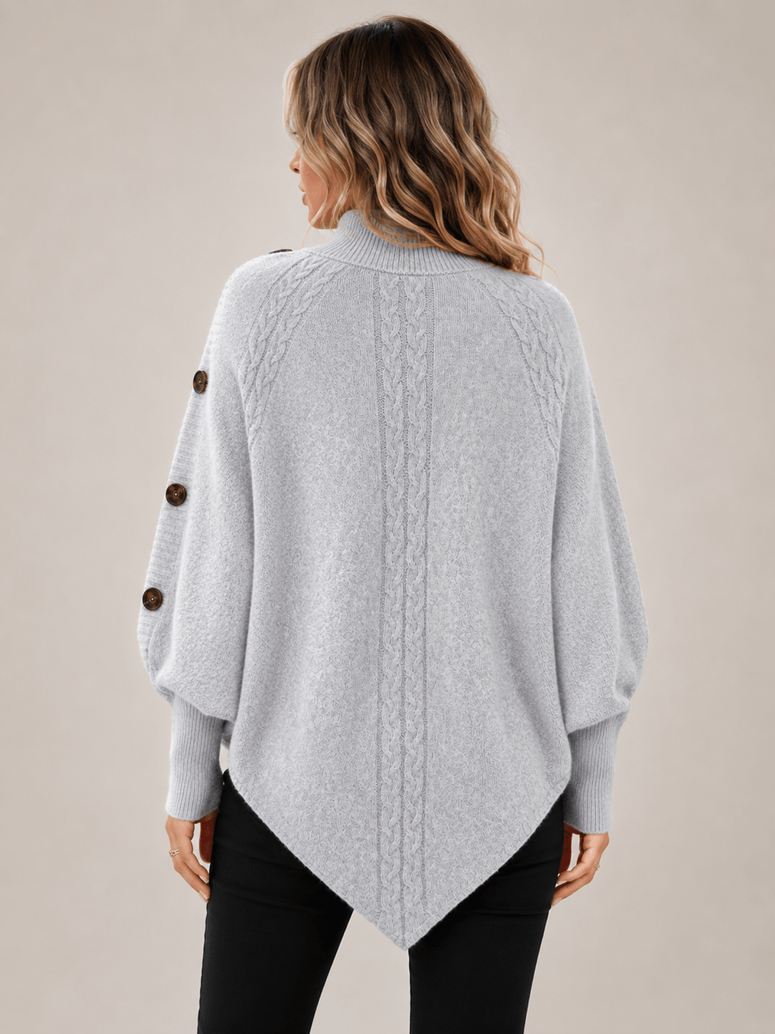 High-Neck Cable-Knit Cape Sweater with Batwing Sleeves, Irregular Hem Pullover, Loose Oversized Shawl Knit Top - Edin London