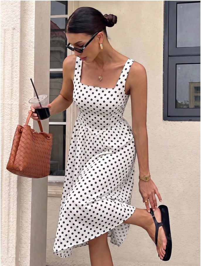 Striped Square Neck Mid Calf Summer Dress Women's Sleeveless Resort Casual Dress