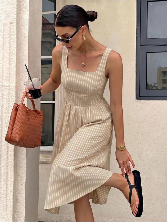 Striped Square Neck Mid Calf Summer Dress Women's Sleeveless Resort Casual Dress